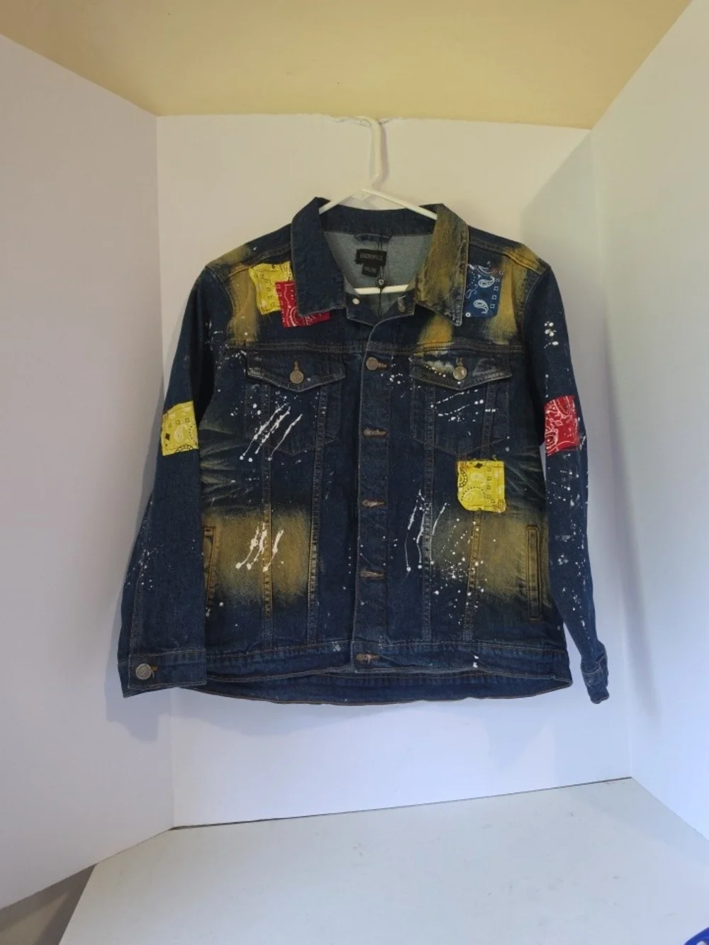Kids Dark Blue Denim Jacket with Colorful Bandana Patches